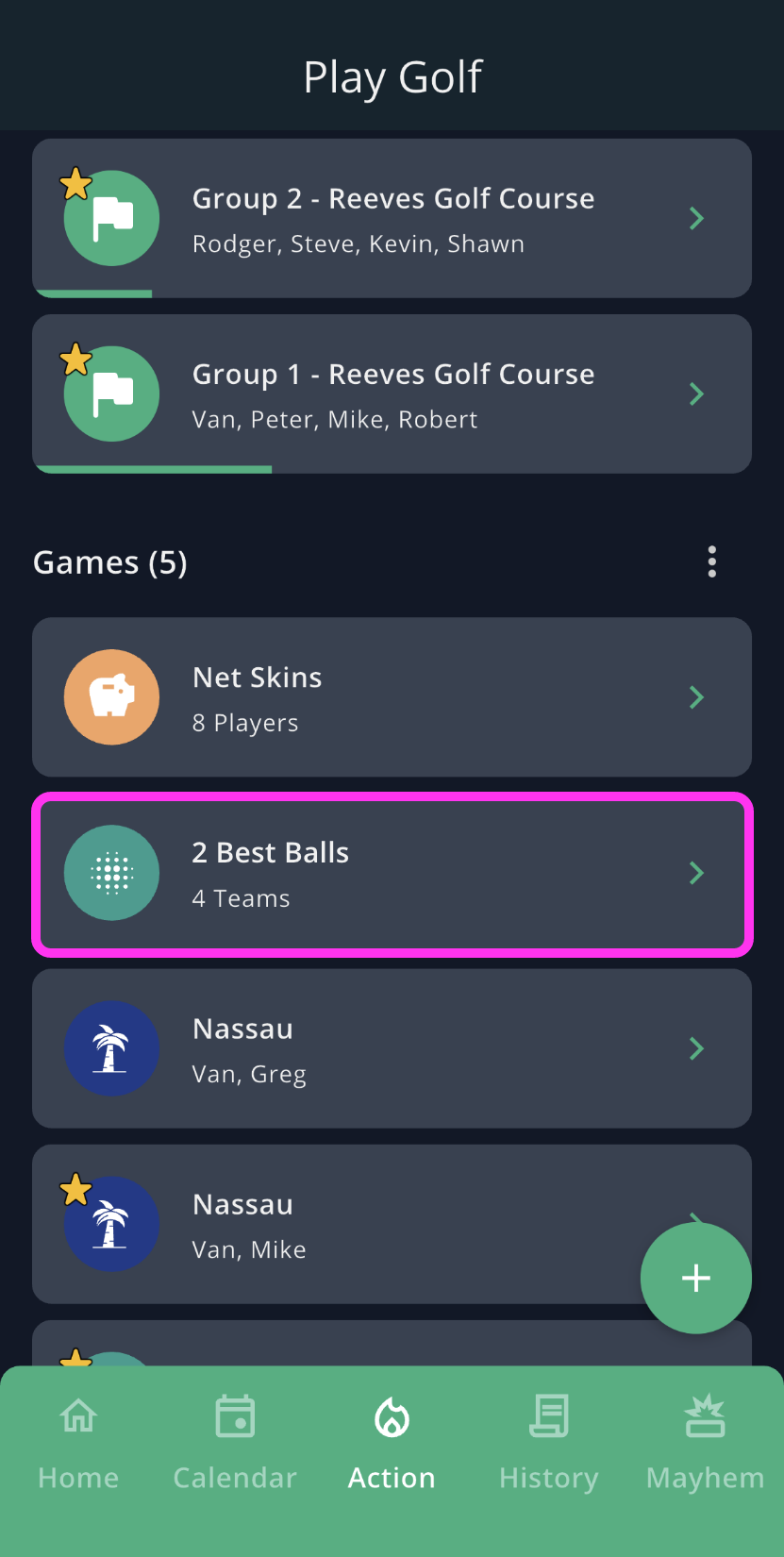 GolfApp Play Golf screen showing two groups at Reeves Golf Course and five games running at once — an eight-player Net Skins, a four-team 2 Best Balls game highlighted, and two separate Nassau matches