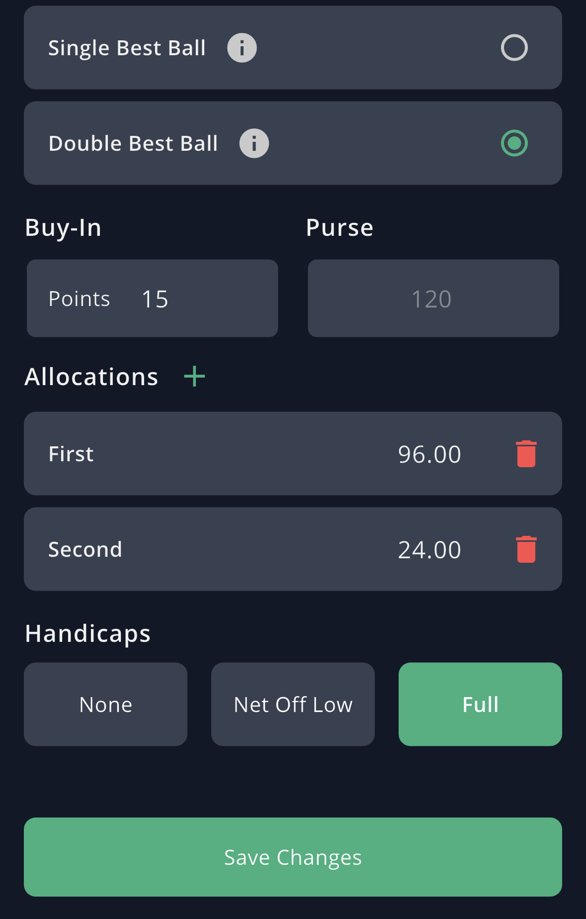 GolfApp Stroke Play options showing Single Best Ball and Double Best Ball with Double selected, a buy-in of 15 points building a purse of 120, purse allocations of 96 for first and 24 for second, and handicap options of None, Net Off Low and Full with Full selected