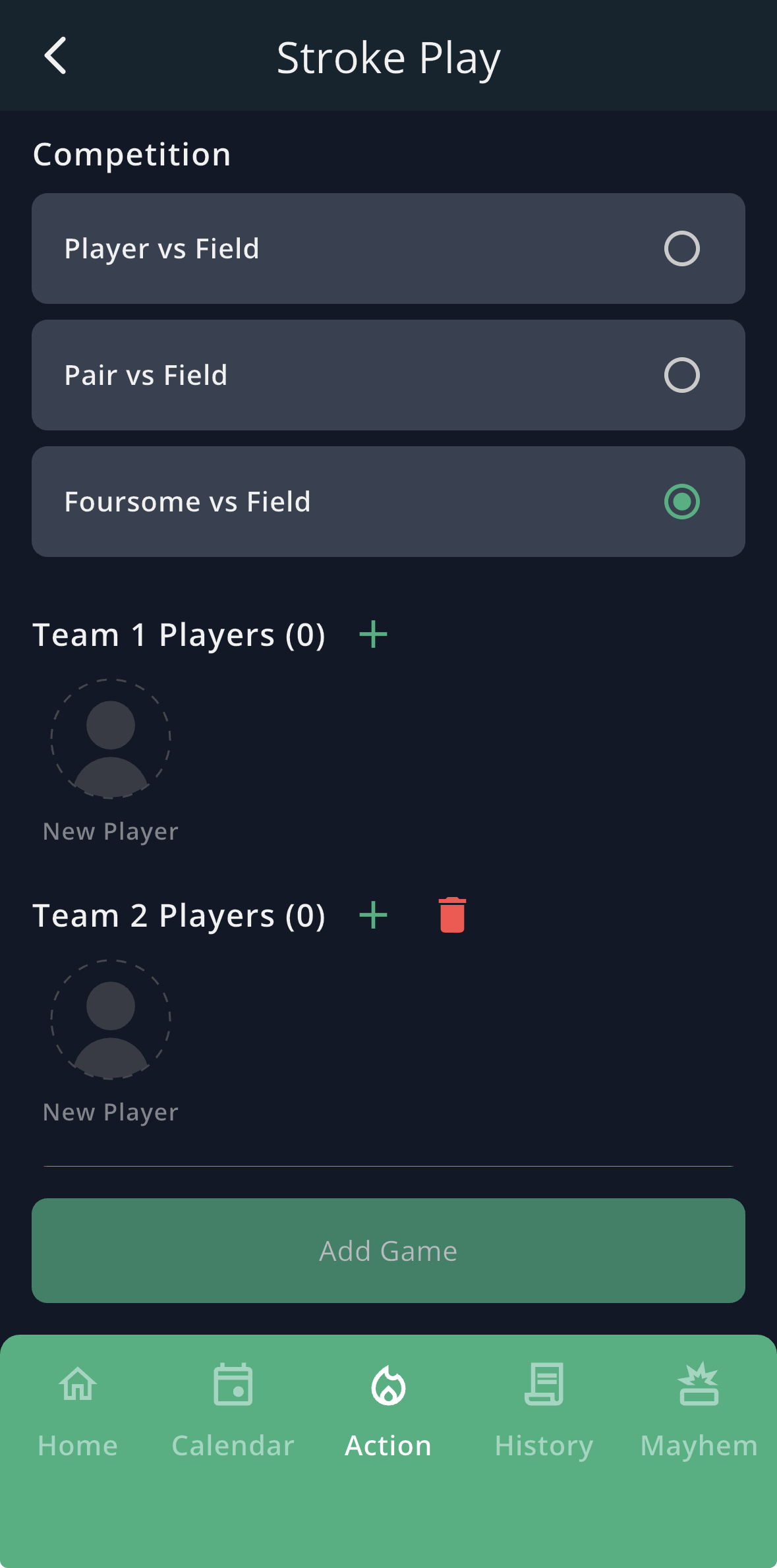 GolfApp Stroke Play setup screen showing Competition options for Player vs Field, Pair vs Field and Foursome vs Field, with Foursome vs Field selected, and empty Team 1 and Team 2 player slots below