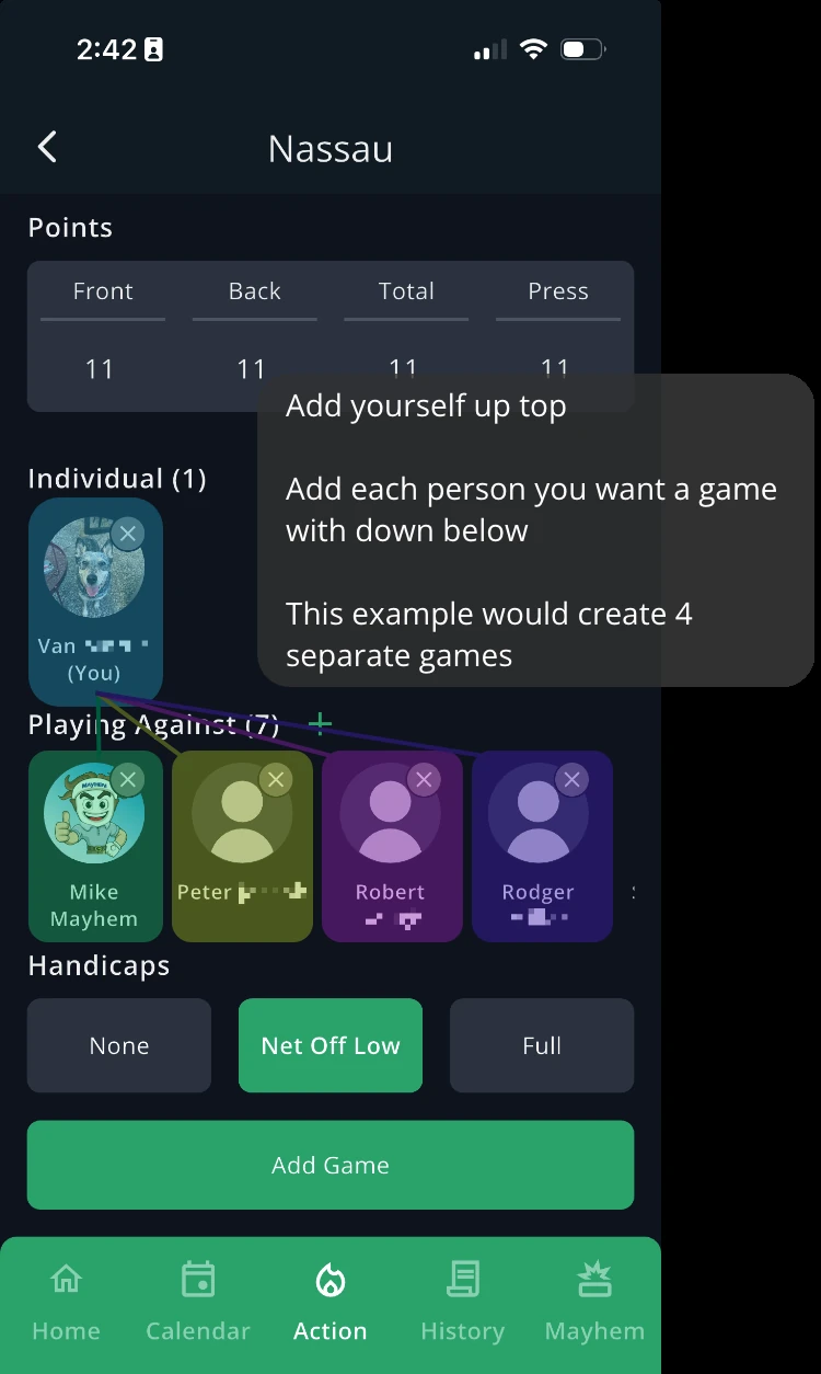 Annotated GolfApp Nassau setup screen showing yourself added at the top under Individual, and four opponents added below under Playing Against, creating a separate Nassau against each one