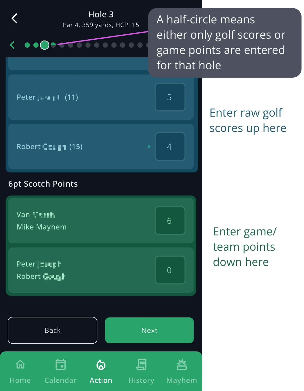 Annotated GolfApp score entry screen for hole 3 showing raw golf scores at the top and a 6pt Scotch Points section below for entering each team's points