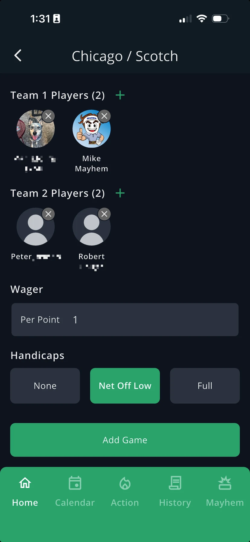 GolfApp Chicago / Scotch setup screen showing Team 1 and Team 2 player slots, a per-point wager field, and handicap options for None, Net Off Low, and Full