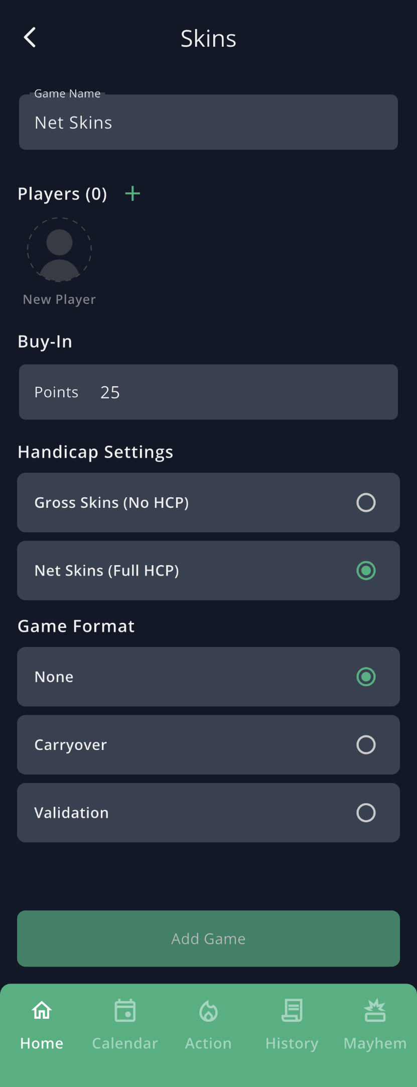 GolfApp Skins setup screen showing a game name field, player list, a buy-in points field, handicap options for Gross Skins or Net Skins, and game format options for None, Carryover, and Validation