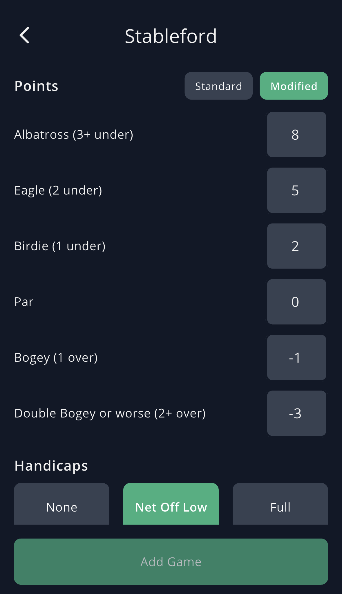 GolfApp Stableford setup showing the Modified point scale — albatross 8, eagle 5, birdie 2, par 0, bogey -1, double bogey or worse -3