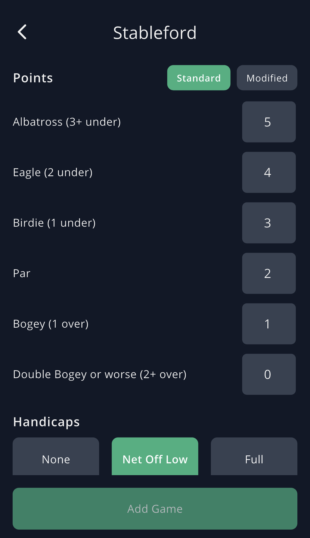 GolfApp Stableford setup showing the Standard point scale — albatross 5, eagle 4, birdie 3, par 2, bogey 1, double bogey or worse 0 — with the handicap options below