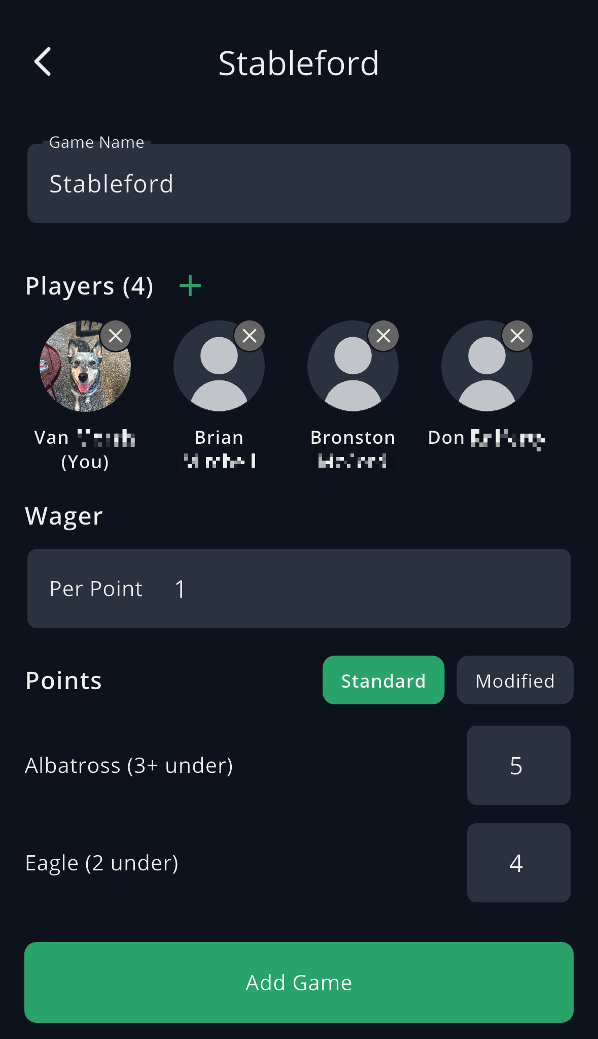 GolfApp Stableford setup screen showing the game name, four players added, a per-point wager, and the Standard and Modified point toggle