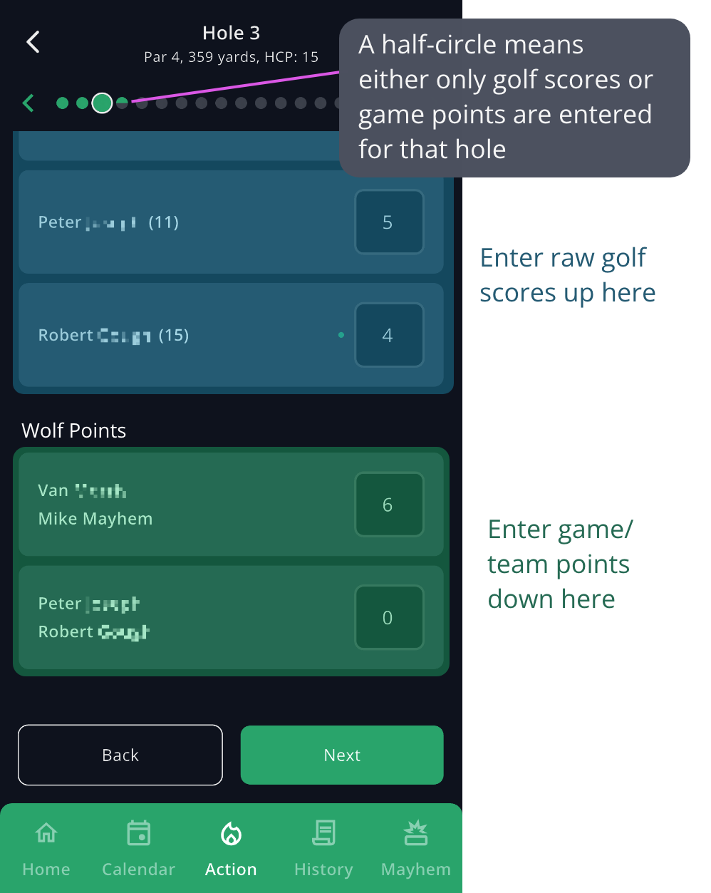 Annotated GolfApp score entry screen for hole 3 showing raw golf scores with handicaps at the top and a Wolf Points section below where each side's points are entered, with a callout explaining the half-circle hole indicator