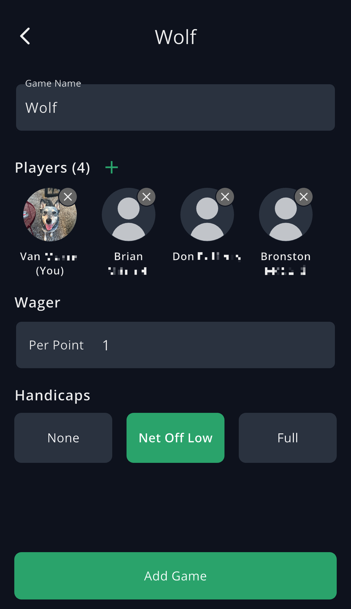 GolfApp Wolf setup screen showing the game name, four players added, a per-point wager, and the handicap options None, Net Off Low and Full