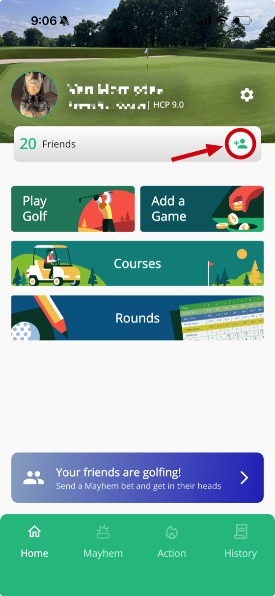 Home screen showing the Add Friend button in the friend bar