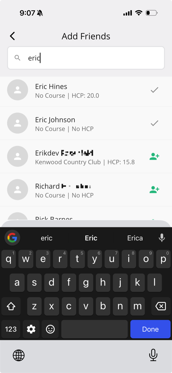 Add Friends screen showing search results for a name