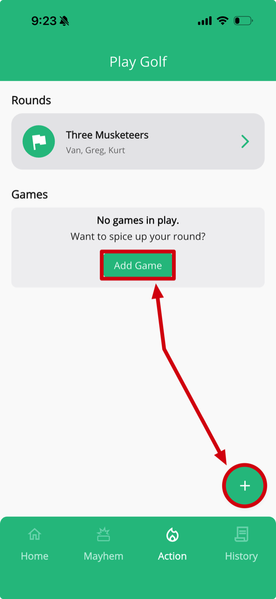 Action tab showing the Add Game button under Games and the green floating add button