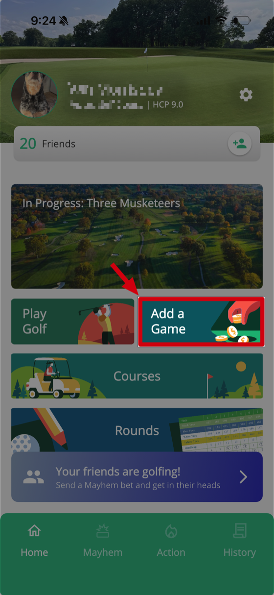 Home tab showing the Add a Game button