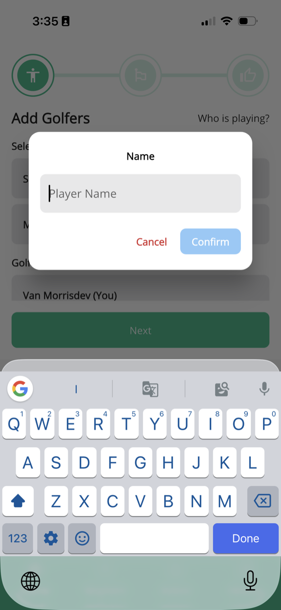 Add Golfer Manually screen showing fields for player name and estimated handicap