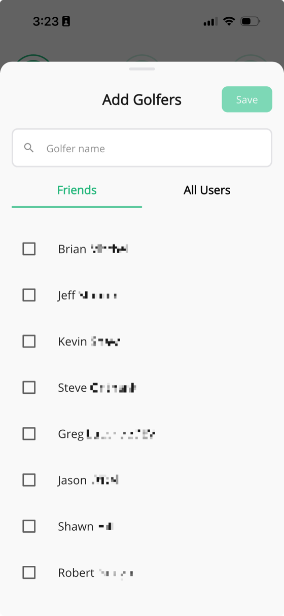 GolfApp Add Golfers screen showing a friends list with checkboxes to select players for a round