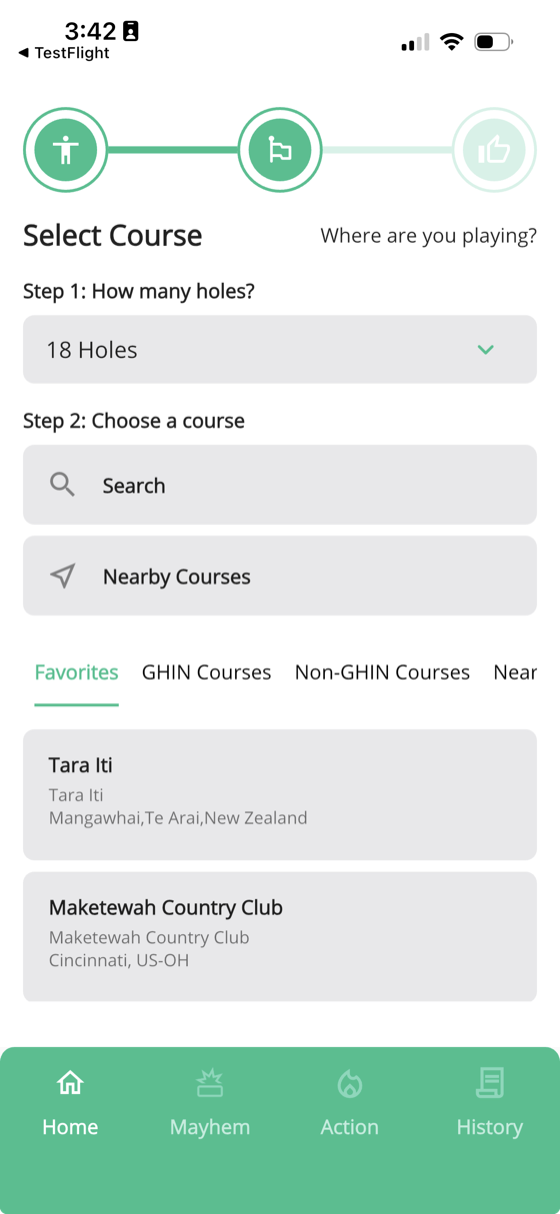 Select Course screen showing hole count, search, nearby courses, and favorites