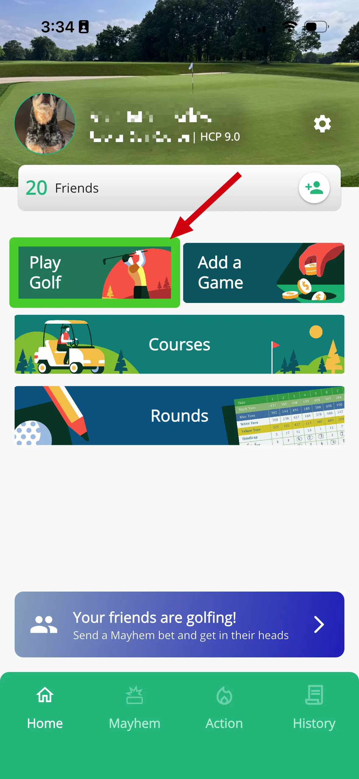 GolfApp home screen with Play Golf button highlighted
