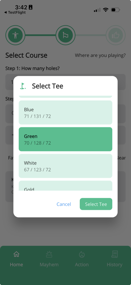 Select Tee dialog showing tee options with rating, slope, and par for each