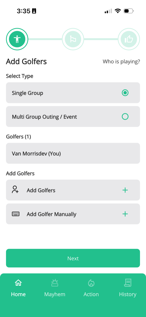 Round type selection screen showing Single Group and Multi Group Outing options