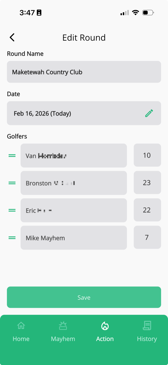 Edit Round screen showing round name, date, and golfer order with course handicaps