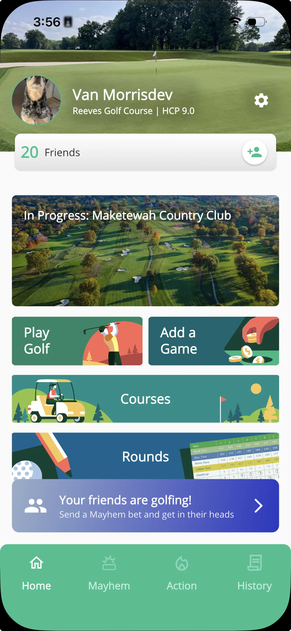 Home screen showing an in-progress round banner with course imagery