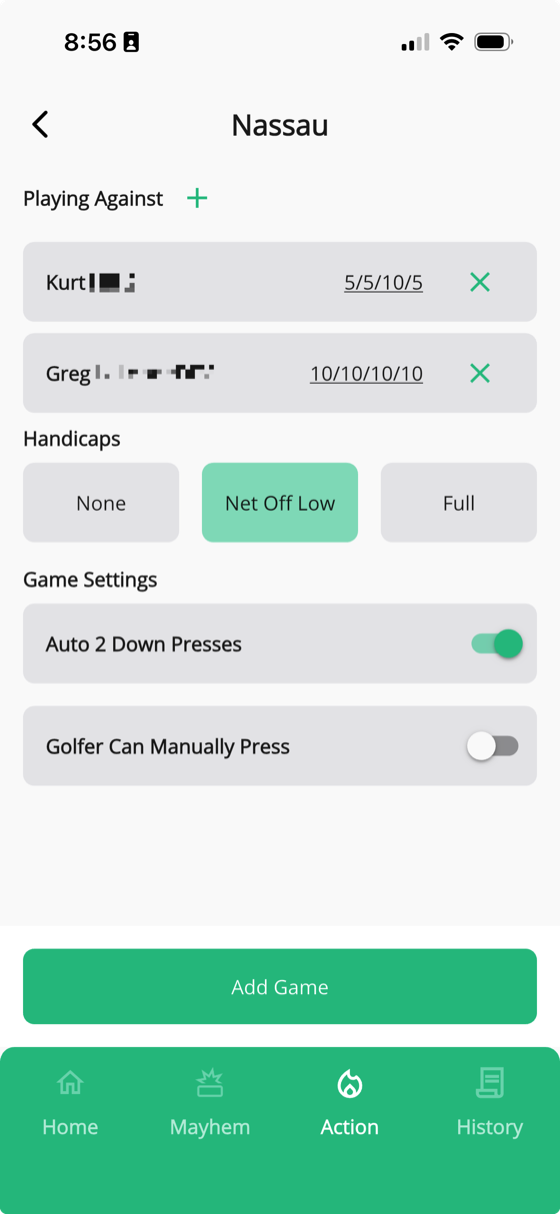 Nassau game settings showing opponent selection, amounts, handicap settings, and press options