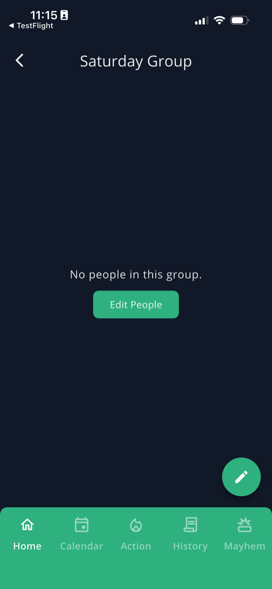 A newly created group named Saturday Group with no people in it yet and an Edit People button