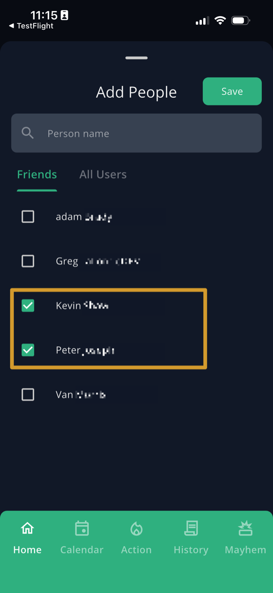 Add People screen with a search field and Friends and All Users tabs, two golfers checked