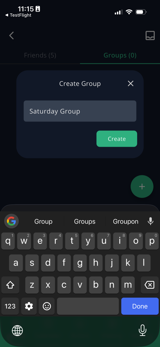 Create Group dialog with the name Saturday Group typed into the field