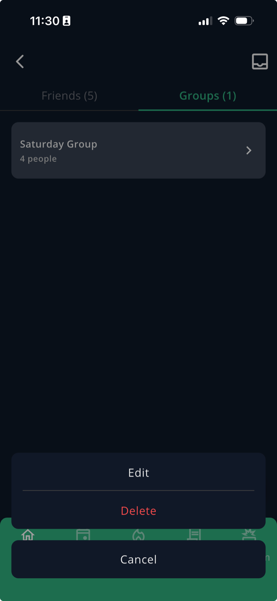 Groups tab with Saturday Group showing 4 people, and Edit, Delete, and Cancel options at the bottom of the screen after a press and hold