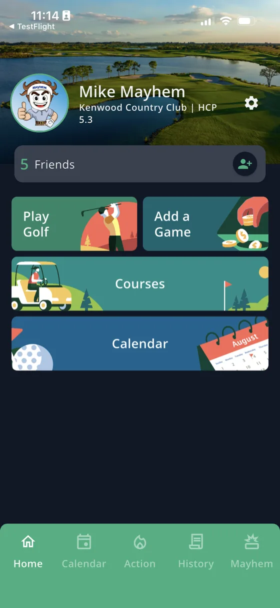 GolfApp home screen showing the friend bar with 5 Friends