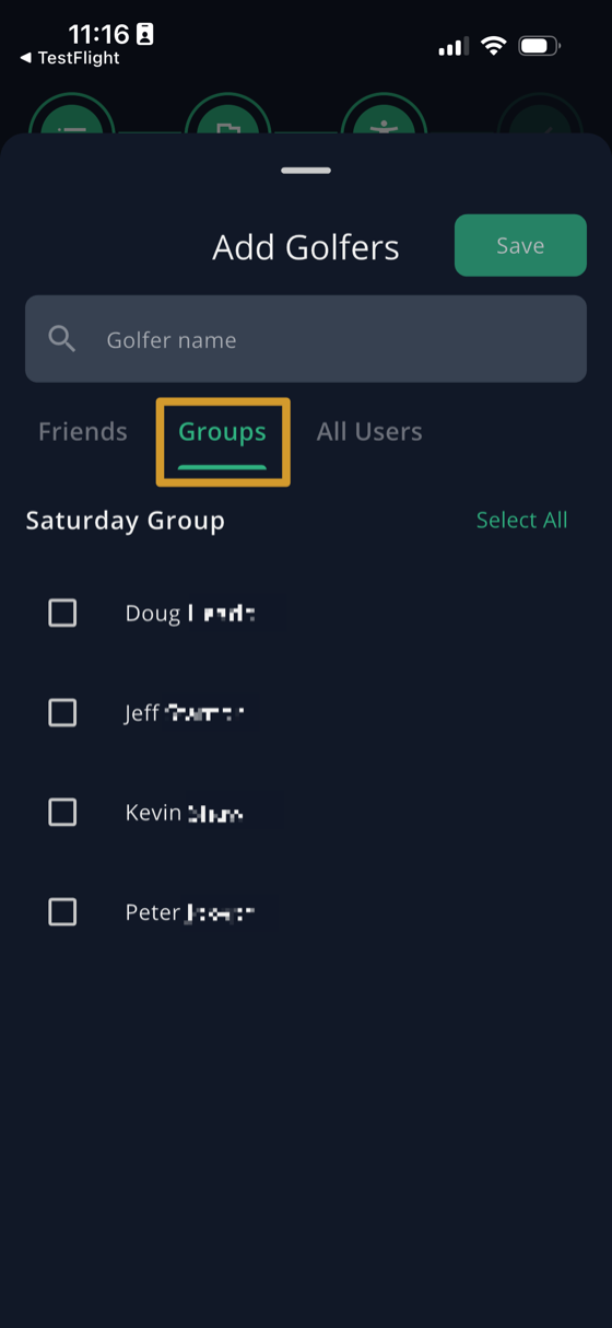 Add Golfers screen with the Groups tab selected, showing Saturday Group and a Select All option
