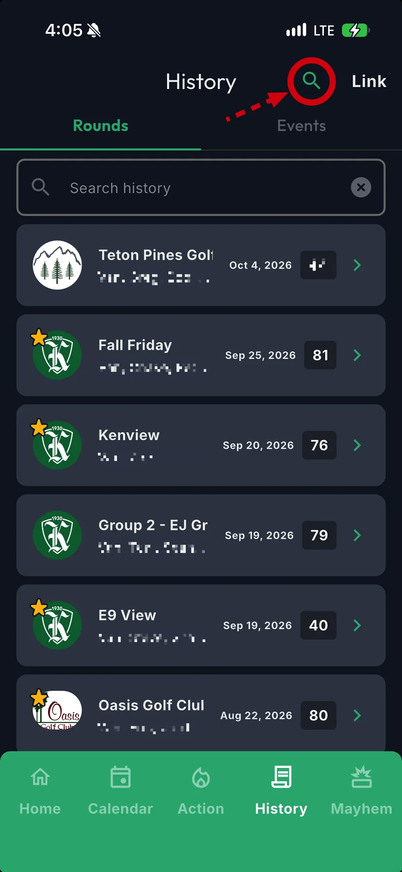 GolfApp History tab with the search icon at the top highlighted and a Search history field open above the list of rounds