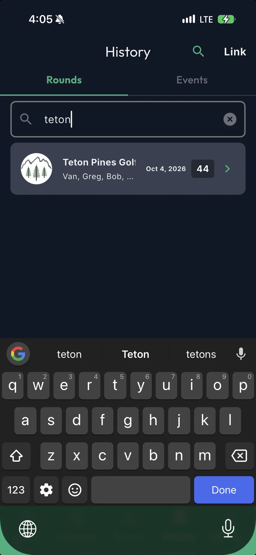 GolfApp History search with teton typed in the search bar and a round at Teton Pines Golf Course in the results