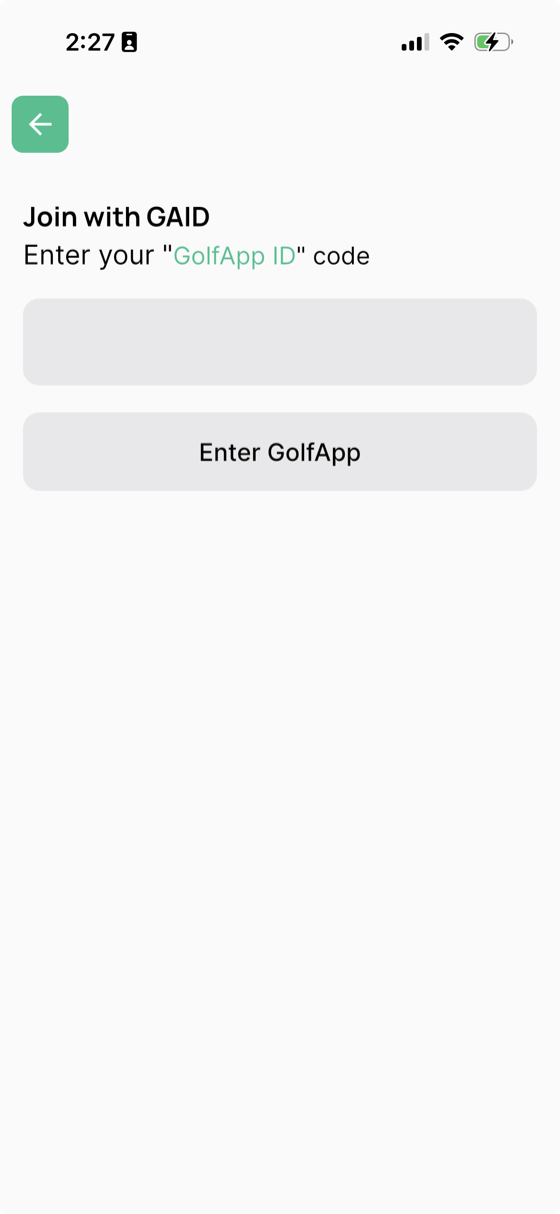 GolfApp Join with GAID screen showing a text field to enter your GolfApp ID code