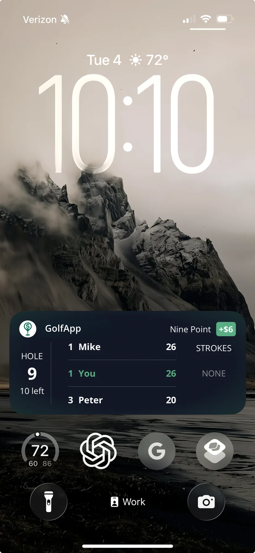 iPhone Lock Screen showing a GolfApp Live Activity for a Nine Point game — hole 9 with 10 left, the standings for Mike, You, and Peter, and a +$6 running total