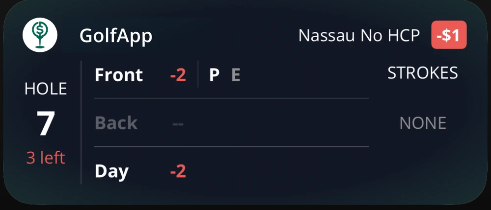 GolfApp Live Activity for a Nassau game showing front, back, and day results with a press indicator and a -$1 running total