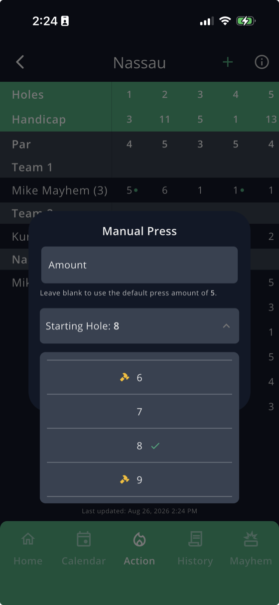 Starting Hole selector expanded, showing holes 6 through 9 with hammer icons on 6 and 9 and a checkmark on the selected hole 8