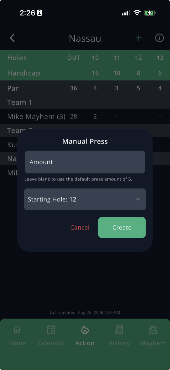 Manual Press window showing an Amount field, a note about the default press amount, and a Starting Hole selector set to 12