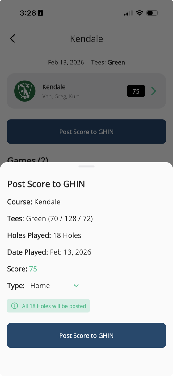 GolfApp Post Score to GHIN drawer showing course, tees, holes played, date, score, and round type before posting