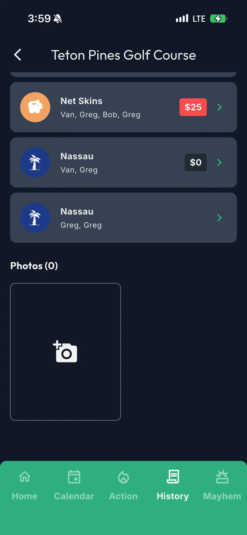 The Photos section of a GolfApp round with no photos yet, showing an empty tile with an add photo camera icon