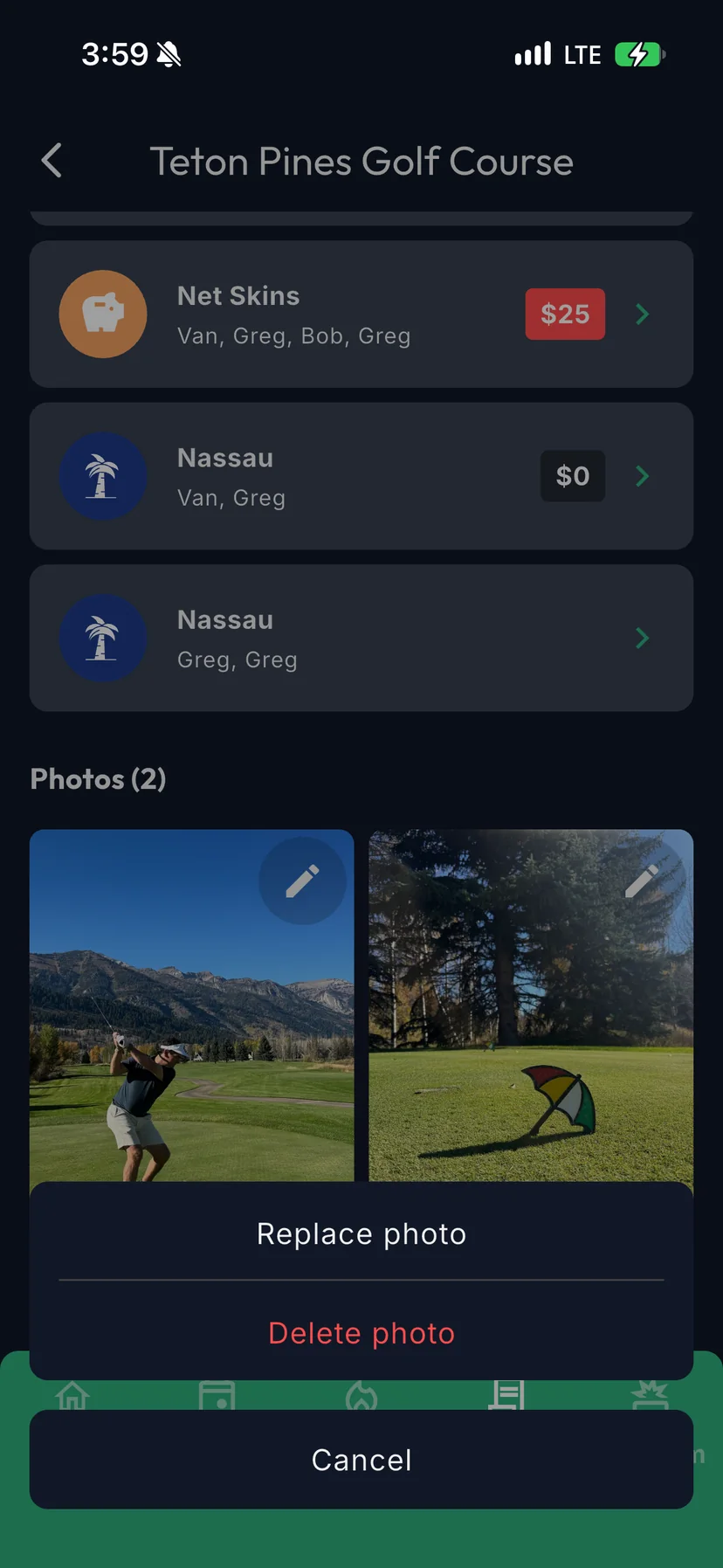A GolfApp round's photos with a menu open offering Replace photo and Delete photo