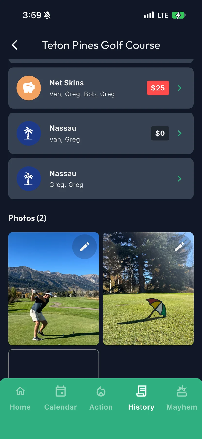 A GolfApp round at Teton Pines Golf Course with its games listed and two photos below — a golfer mid-swing with mountains behind, and an umbrella tee marker