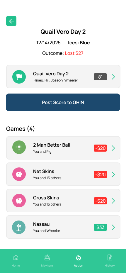 GolfApp round recap showing a real round at Quail Vero with 4 games running — 2 Man Better Ball, Net Skins, Gross Skins, and Nassau