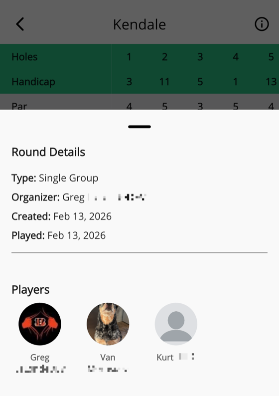 Round details panel showing round type, organizer, dates, and player avatars