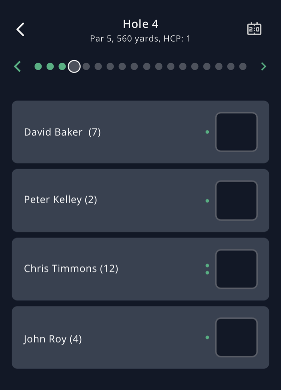 GolfApp score entry screen for hole 4 — a par 5 — listing four golfers with their course handicaps and green dots marking the holes where each is getting a stroke
