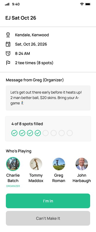 Round invite showing course details, organizer message, 4 of 8 spots filled, and who's playing