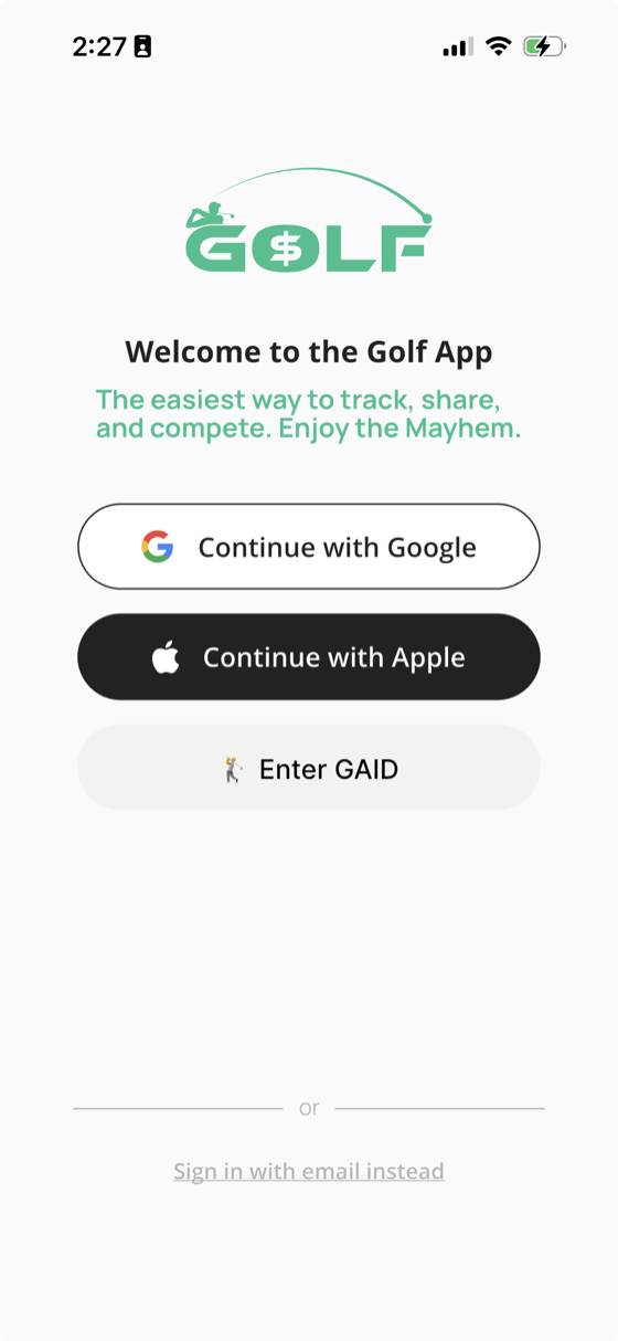 GolfApp sign-in screen showing Continue with Google, Continue with Apple, and Enter GAID options