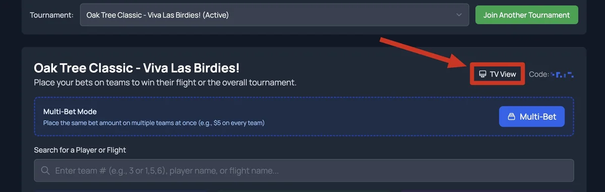 GolfApp web betting page for a tournament, with the TV View button next to the join code highlighted