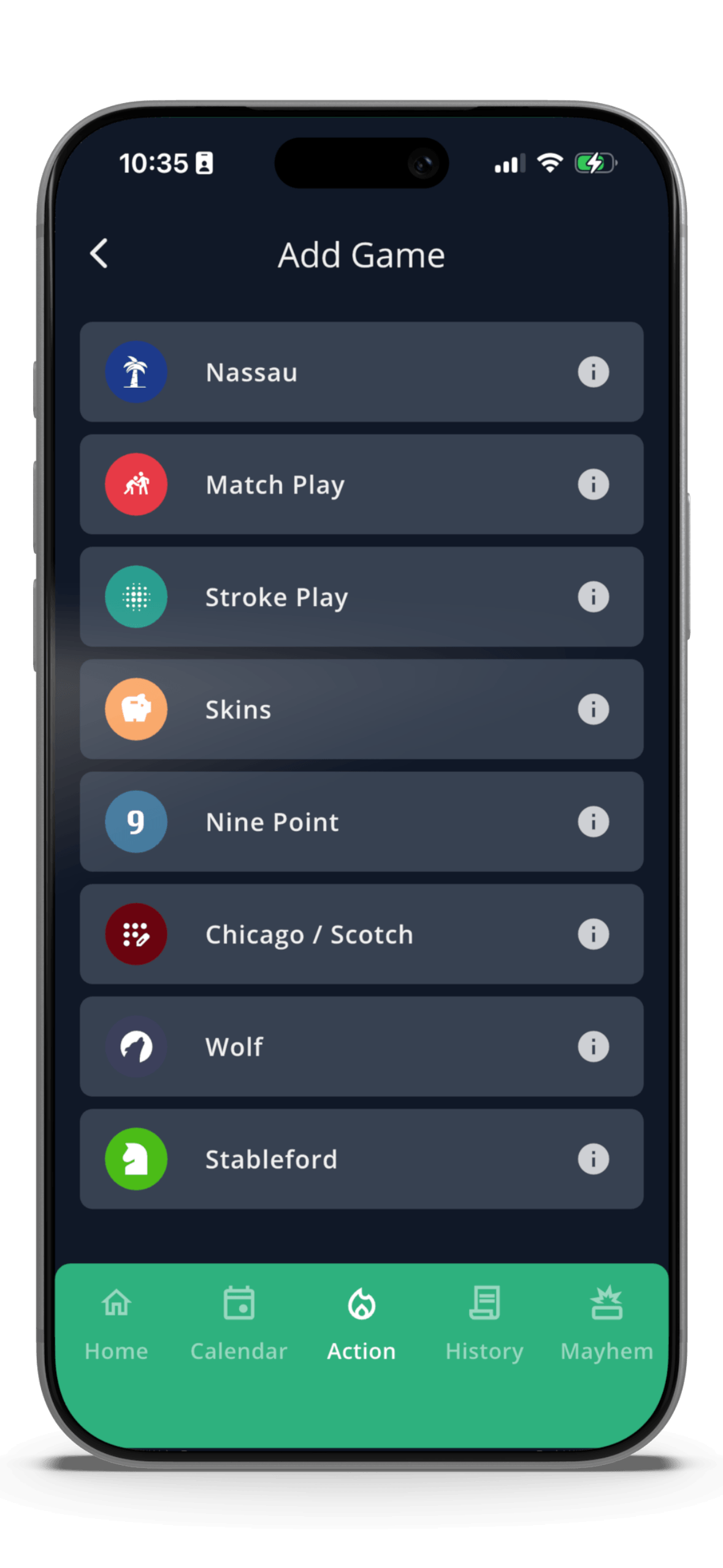 GolfApp add game screen with various game types