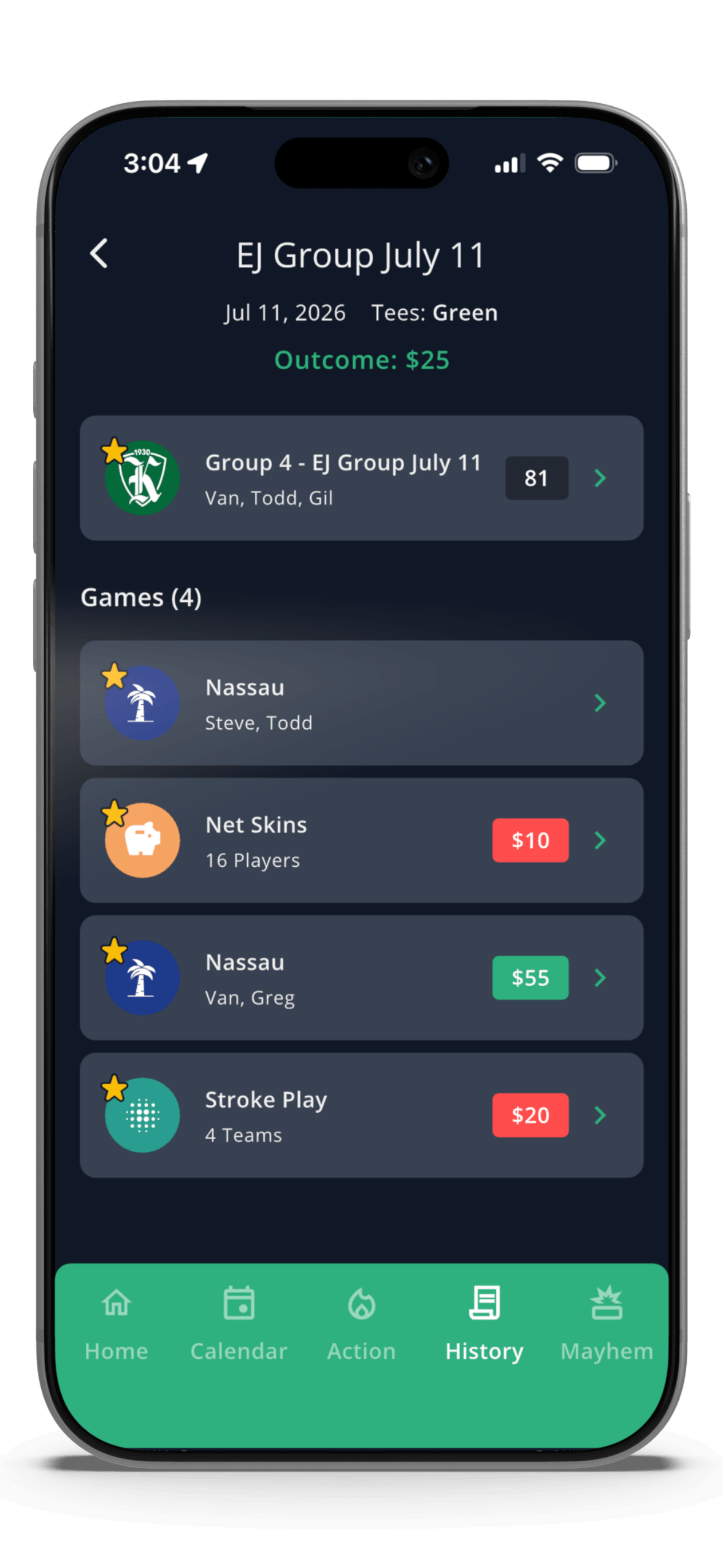 GolfApp history showing games with outcomes and winnings